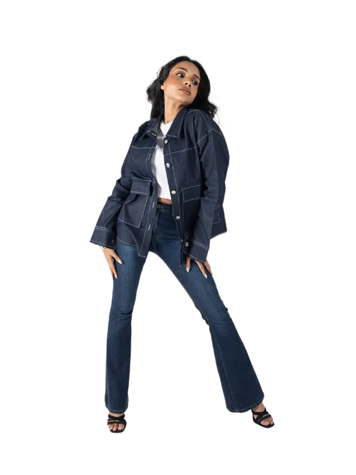 Oversized Dark Denim Utility Jacket – Contrast Stitching & Patch Pockets