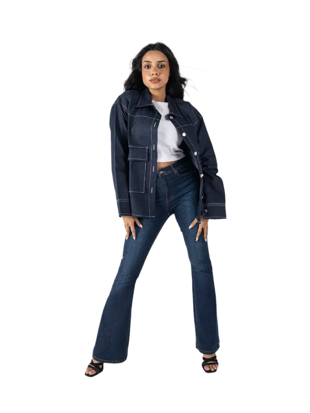 Oversized Dark Denim Utility Jacket – Contrast Stitching & Patch Pockets