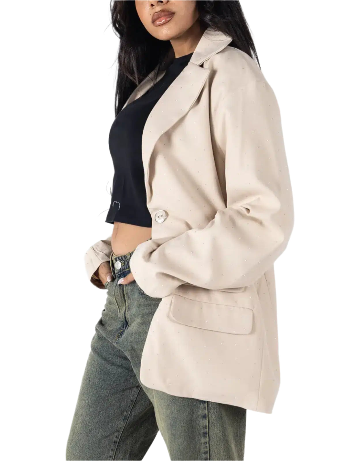 Beige Oversized Studded Blazer – Women’s Longline Jacket with Sparkle Detailing