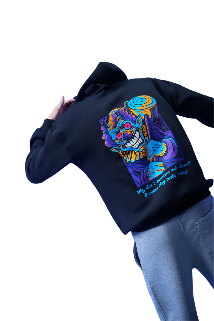 “What don’t monsters eat clowns Because they taste funny” Printed Oversized Hoodie Black