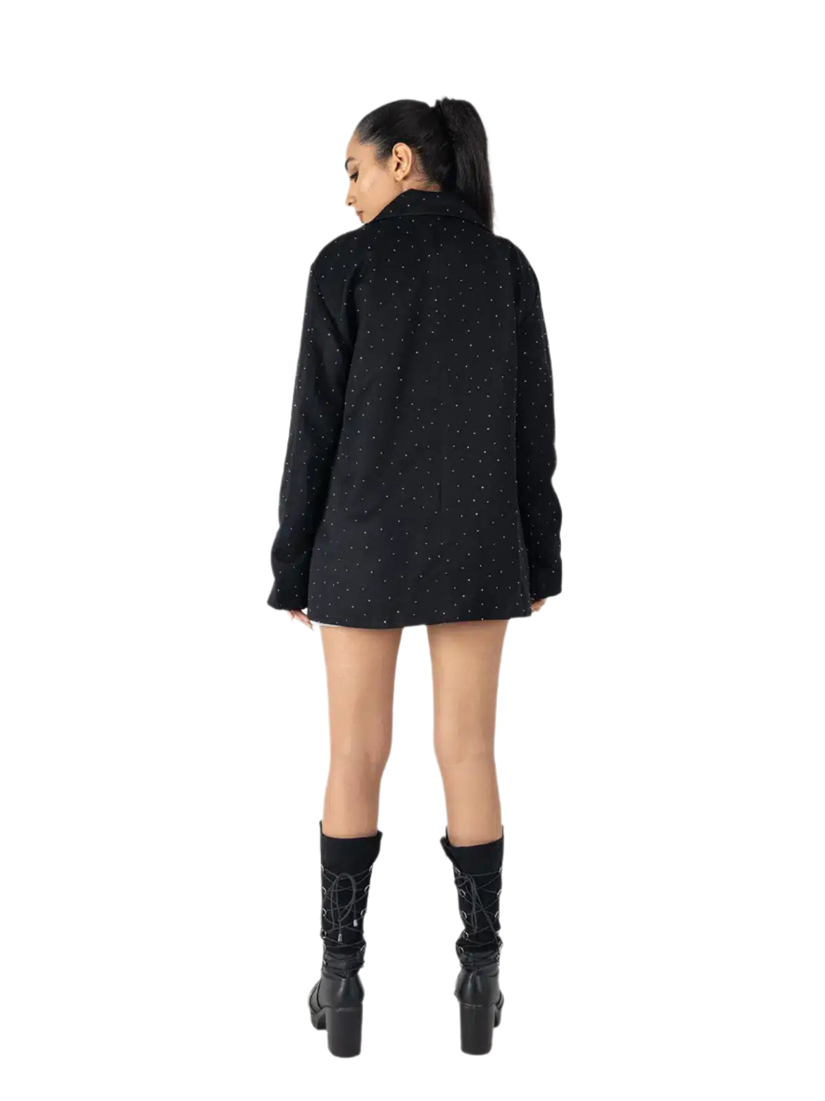 Black Studded Oversized Blazer – Women’s Longline Jacket with Metallic Detailing
