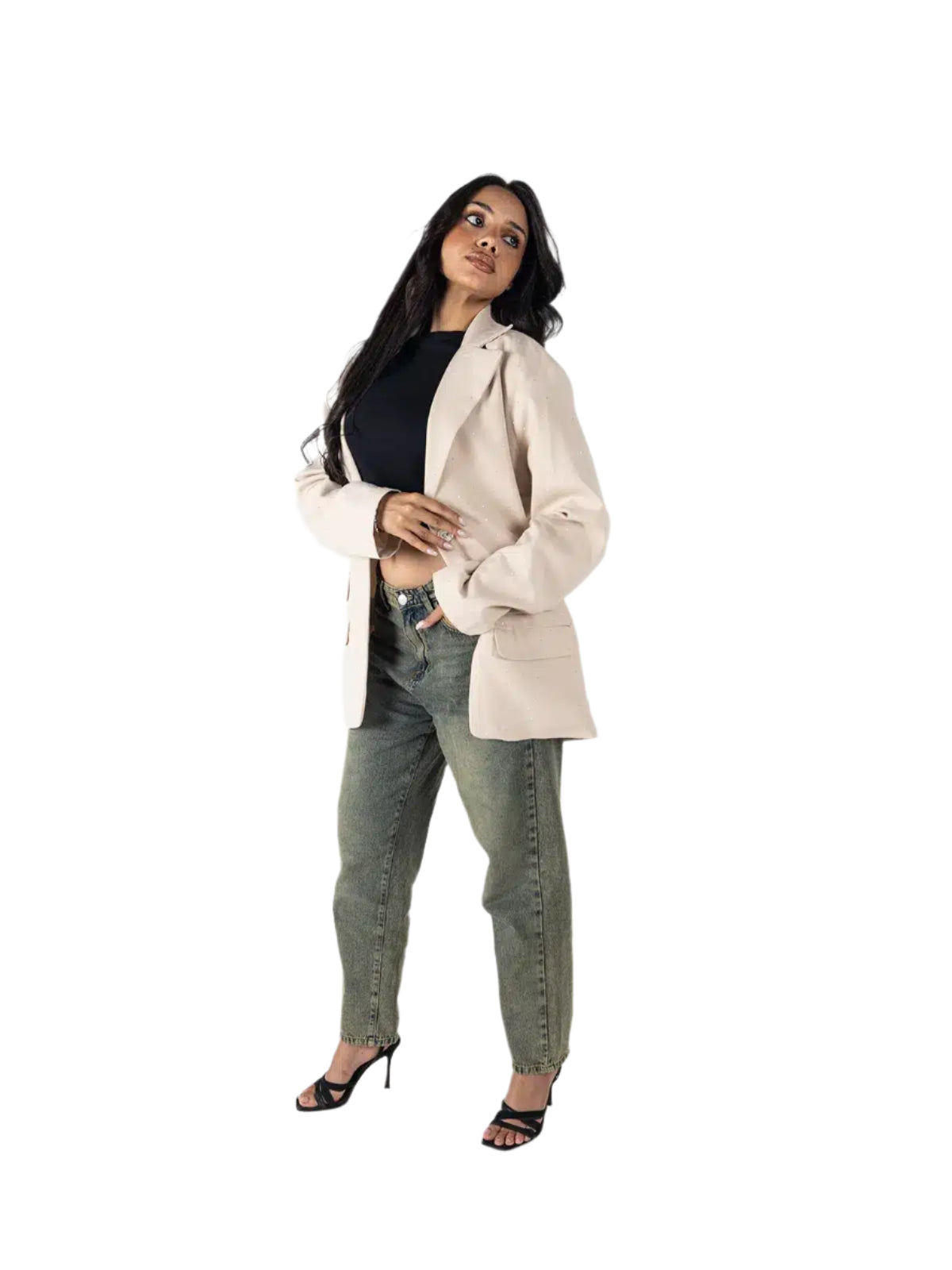 Beige Oversized Studded Blazer – Women’s Longline Jacket with Sparkle Detailing