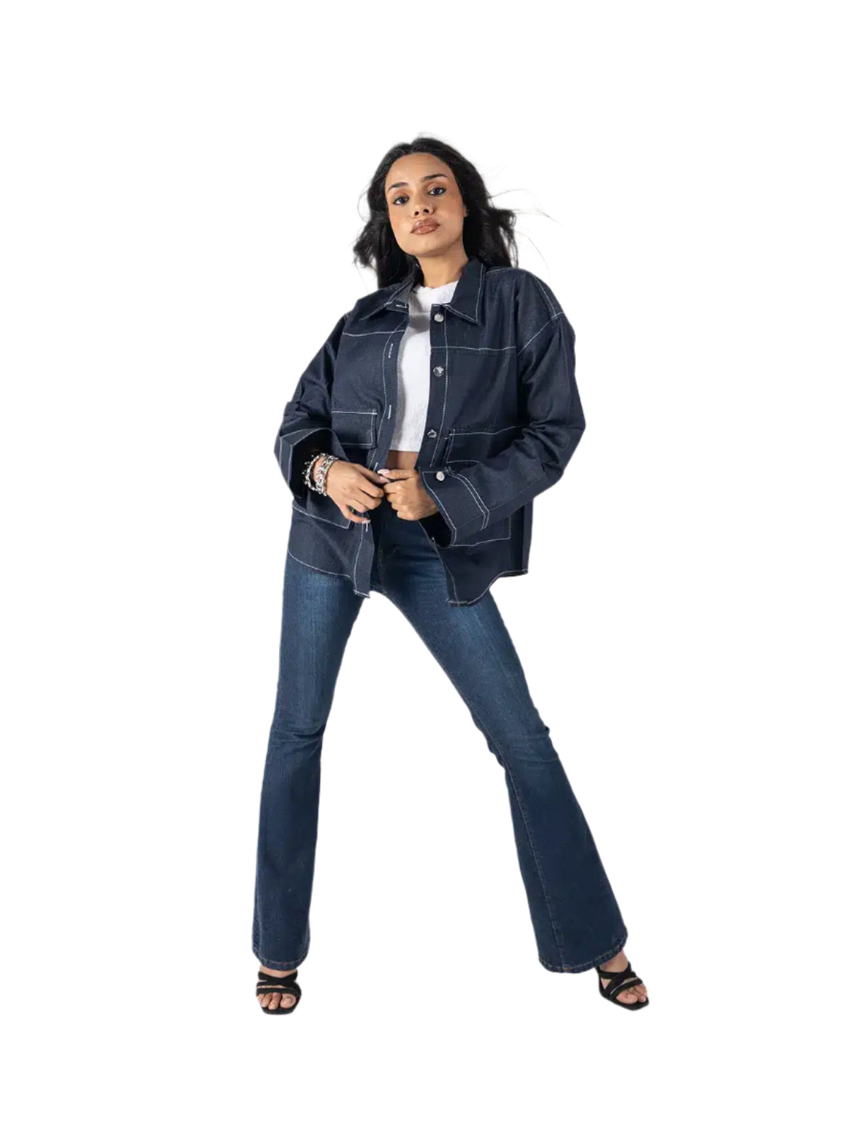 Oversized Dark Denim Utility Jacket – Contrast Stitching & Patch Pockets