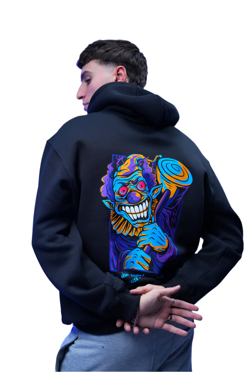 “What don’t monsters eat clowns Because they taste funny” Printed Oversized Hoodie Black