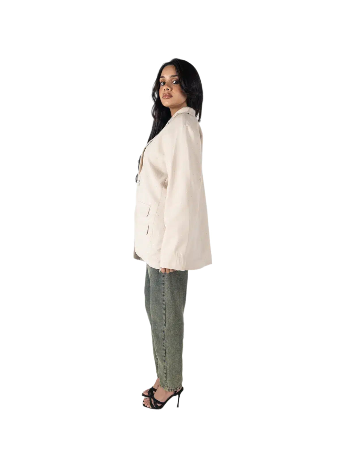 Beige Blazer with Arabic Calligraphy Back – Modern Tailored Fit for Women