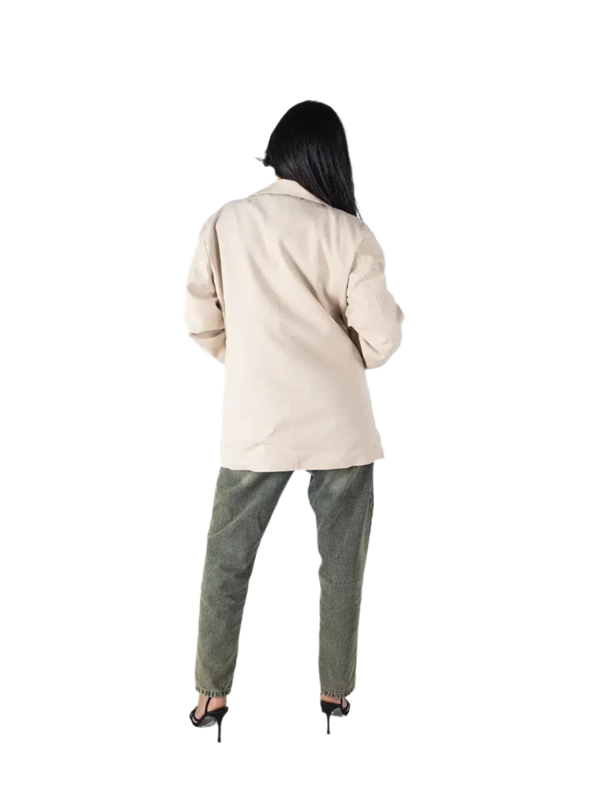 Beige Oversized Studded Blazer – Women’s Longline Jacket with Sparkle Detailing