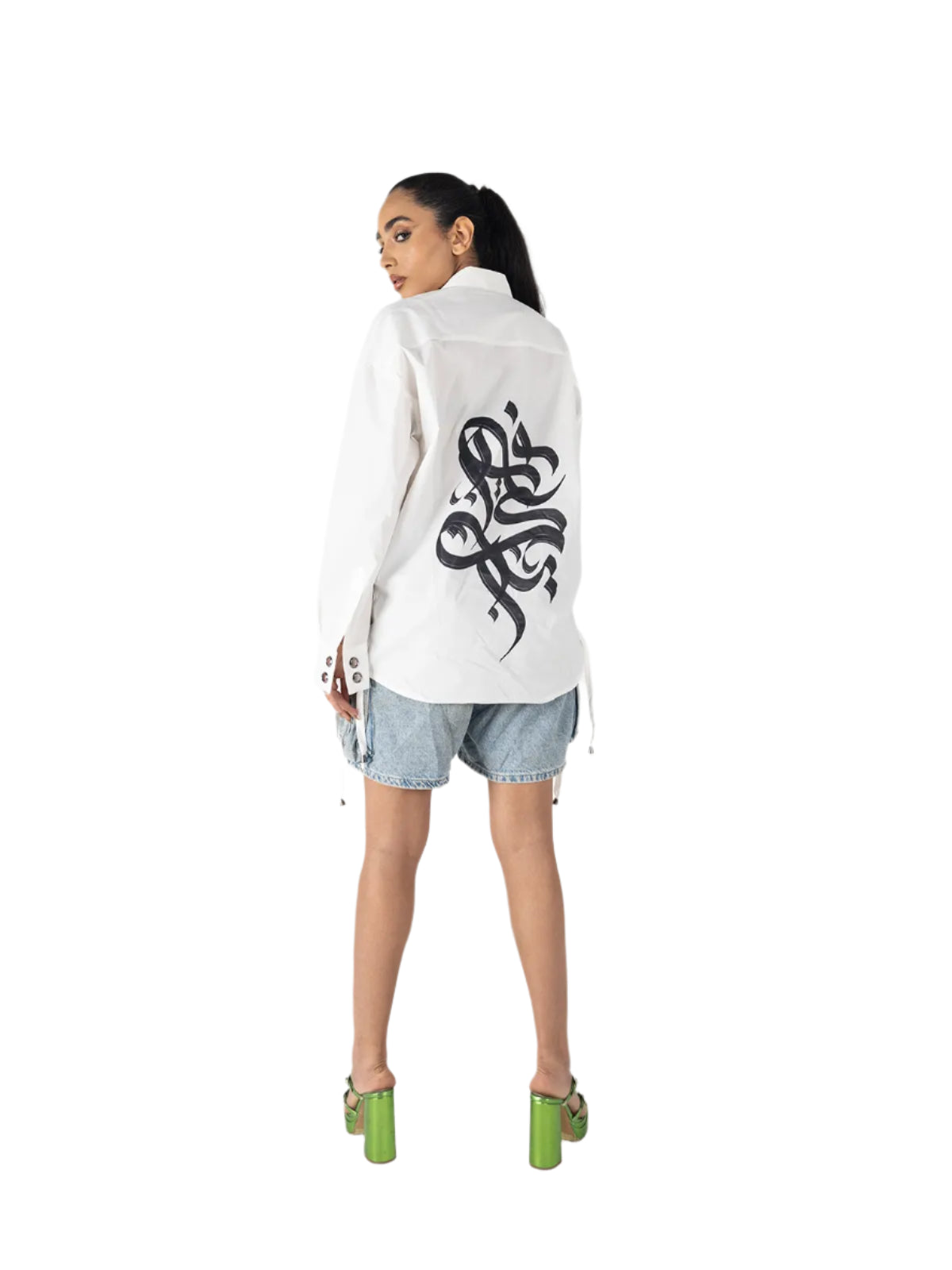 white oversized shirt, cotton calligraphy shirt, Arabic print shirt women