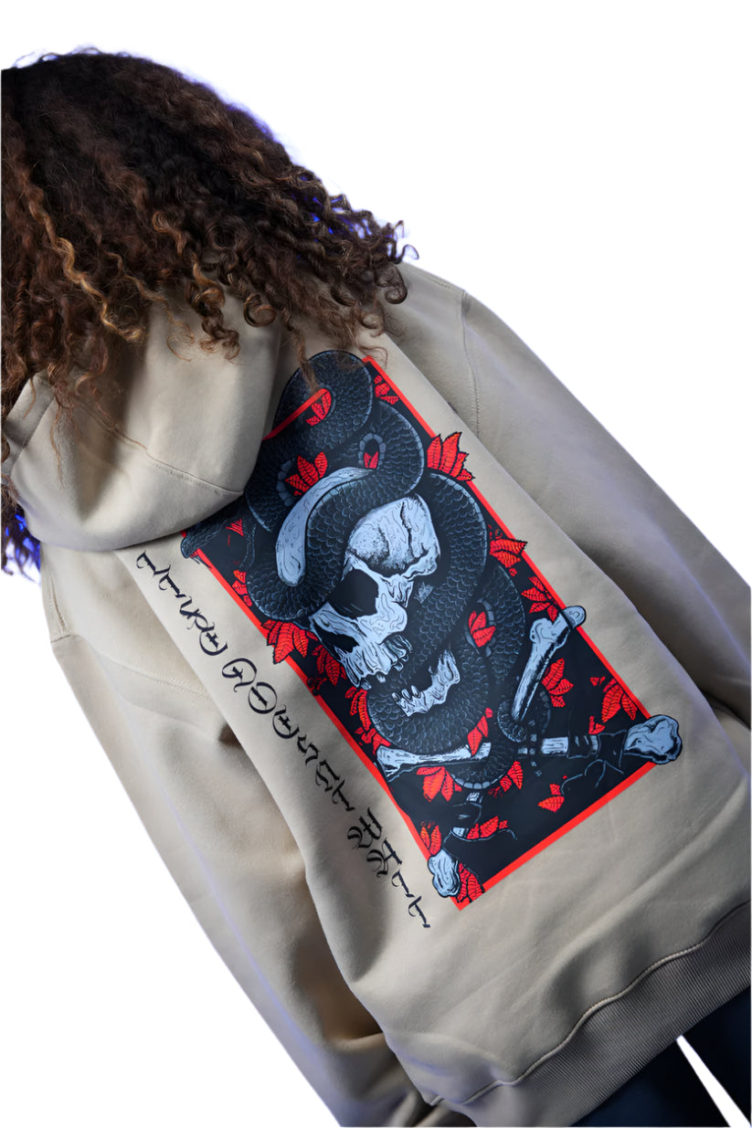 “Skull” Printed Oversized Hoodie Begie