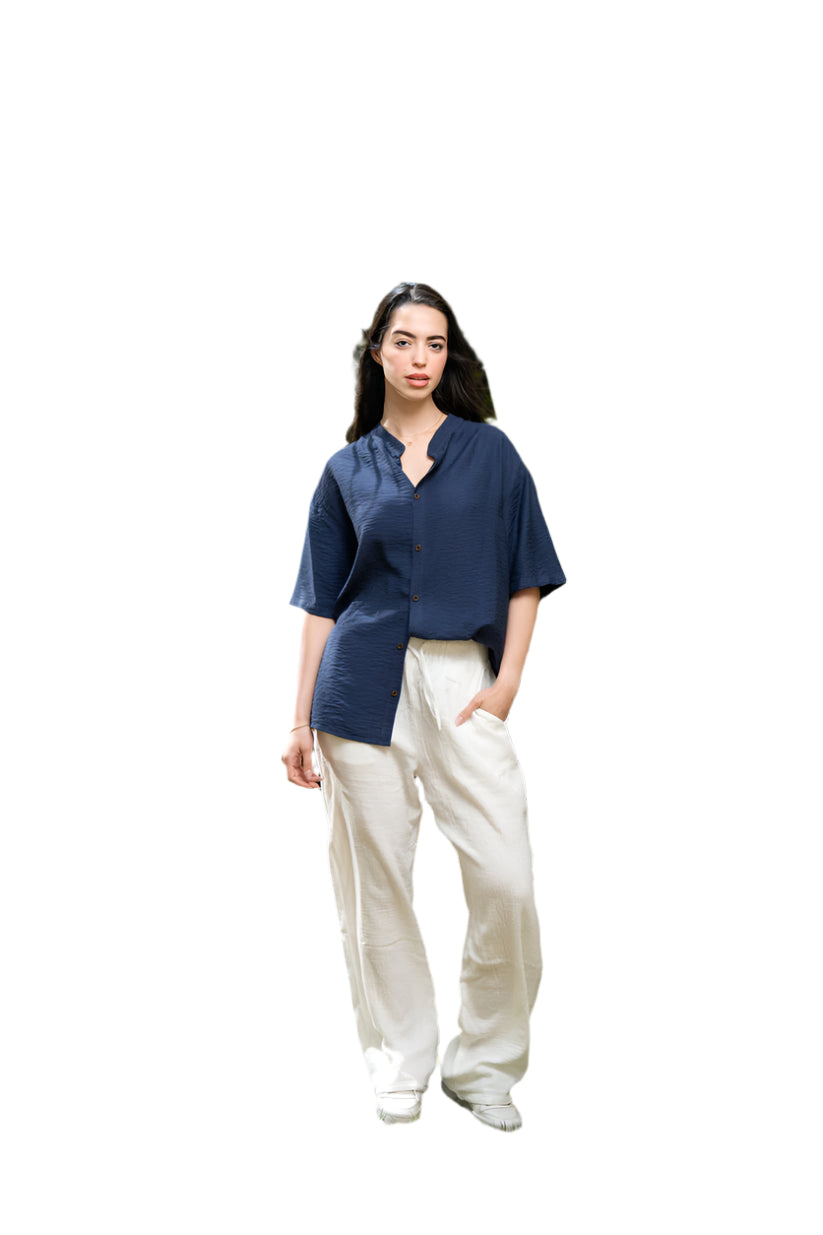 Oversized Short Sleeve Linen Shirt - Navy