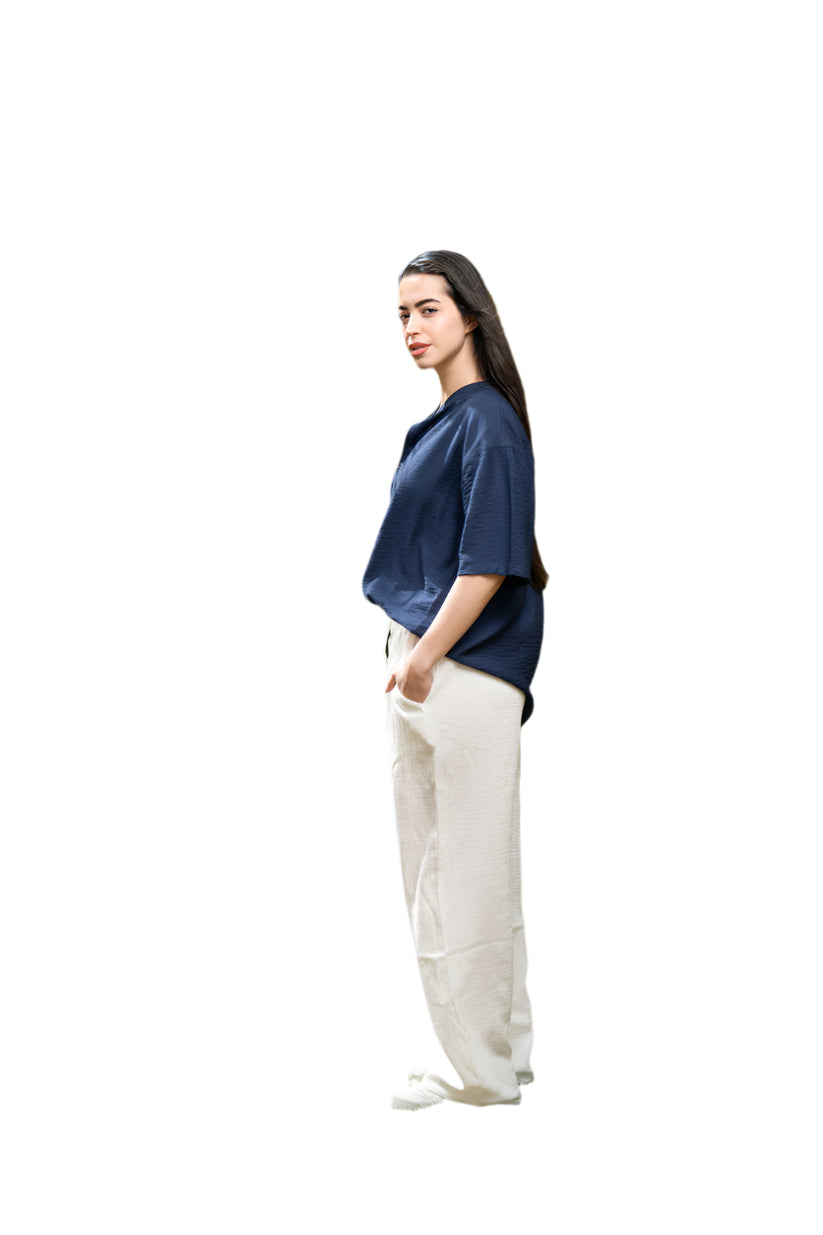 Oversized Short Sleeve Linen Shirt - Navy