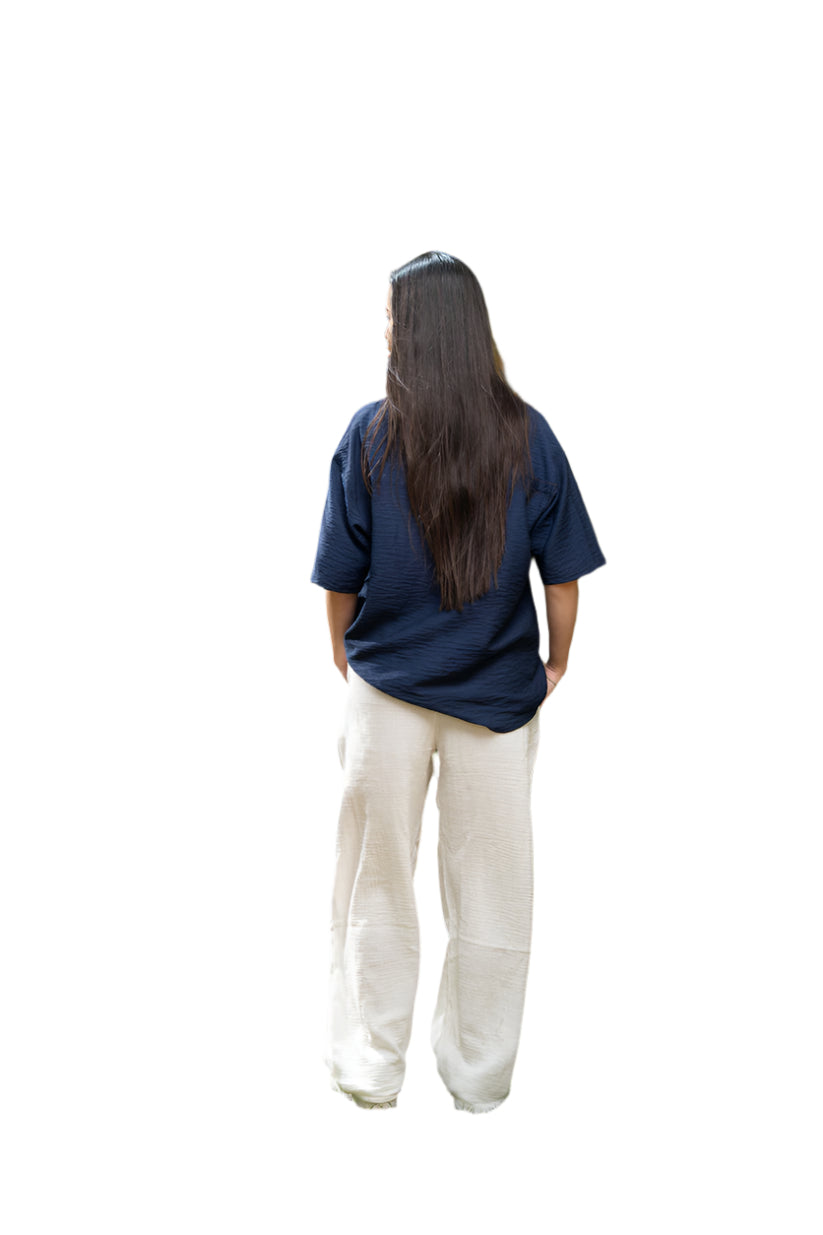 Oversized Short Sleeve Linen Shirt - Navy