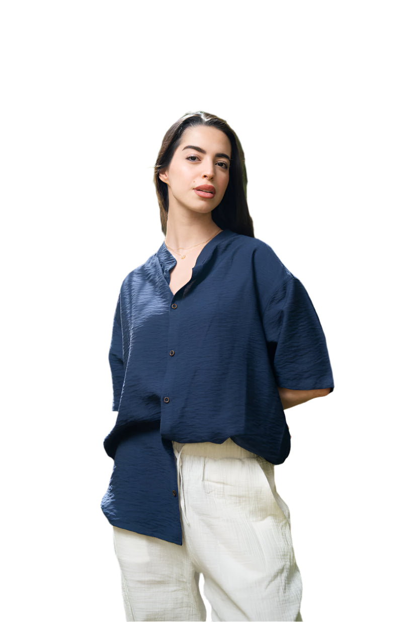 Oversized Short Sleeve Linen Shirt - Navy