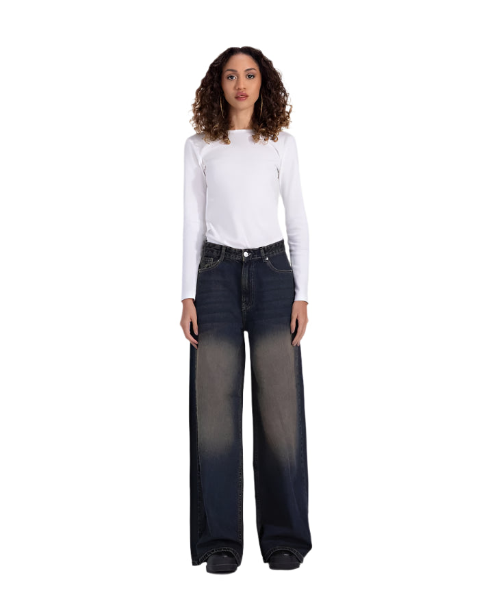 Basic wide-leg pants in dirty washed blue with brown shades