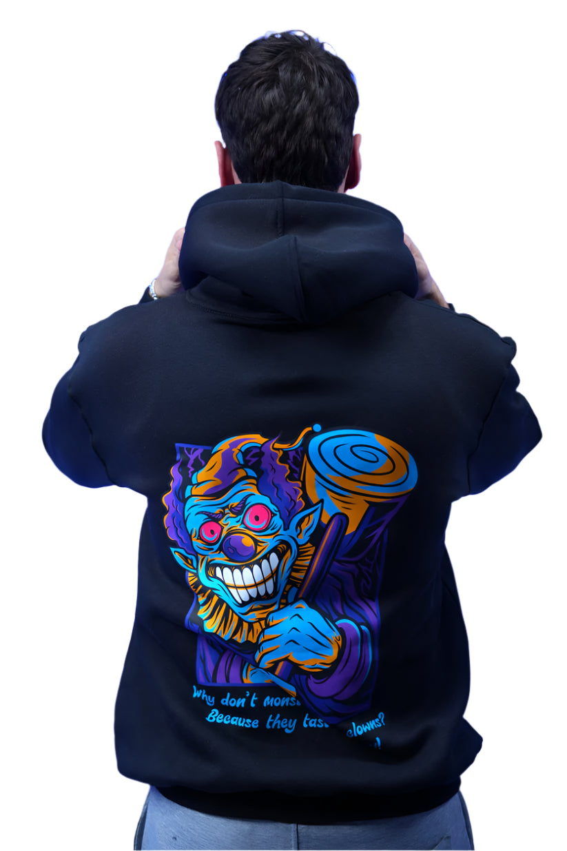 “What don’t monsters eat clowns Because they taste funny” Printed Oversized Hoodie Black