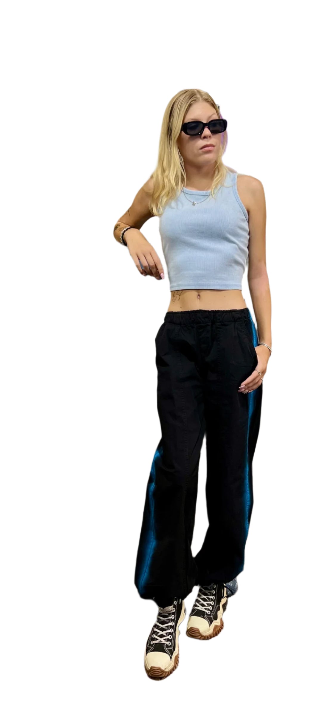 PARACHUTE PANTS IN BLACK "with blue lines"