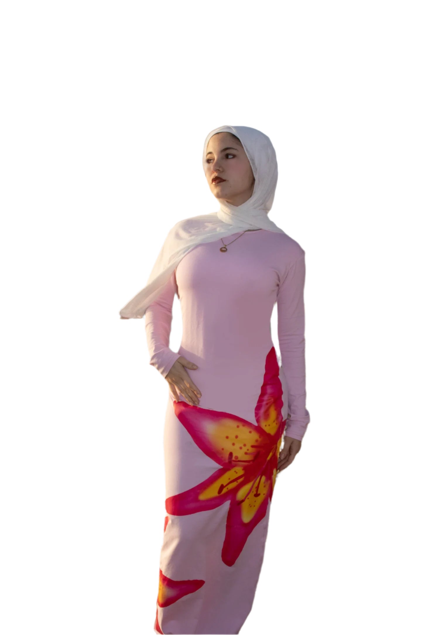 Pink long sleeve tropical dress
