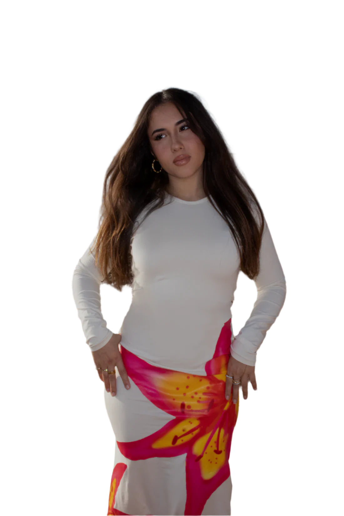 Cream long sleeve tropical dress