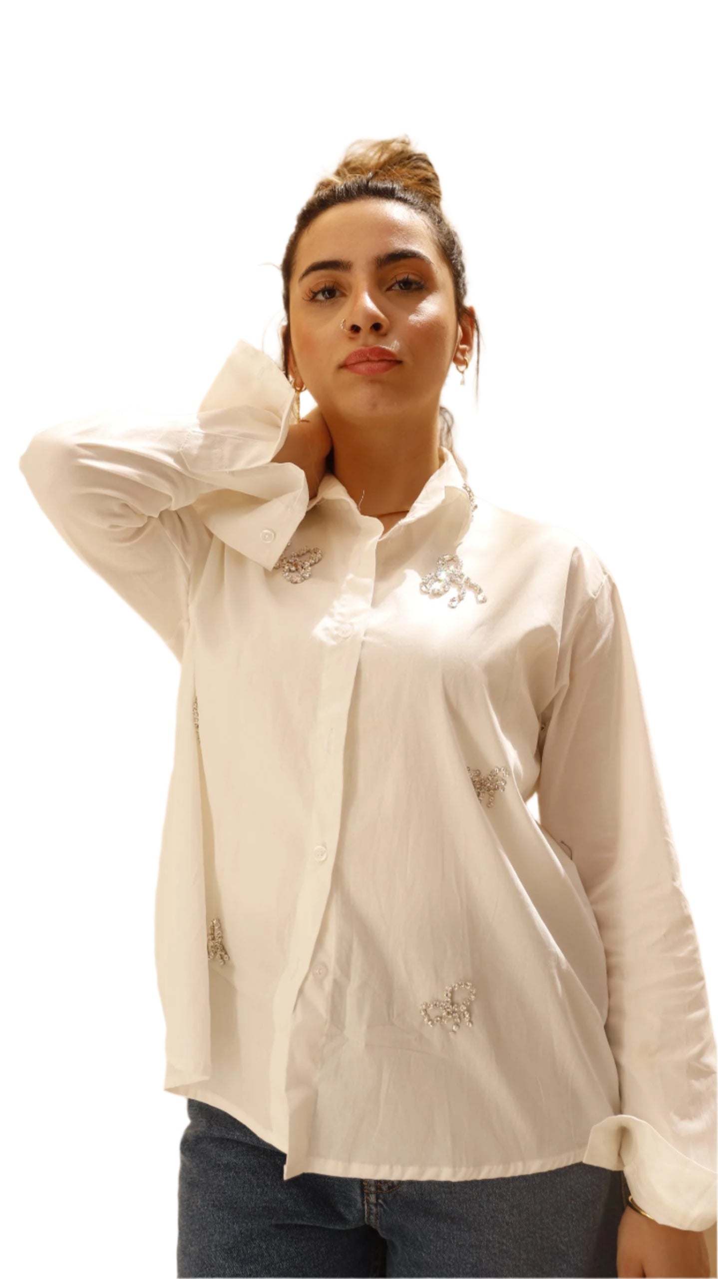 Ribbon embroider White Poplin Shirt