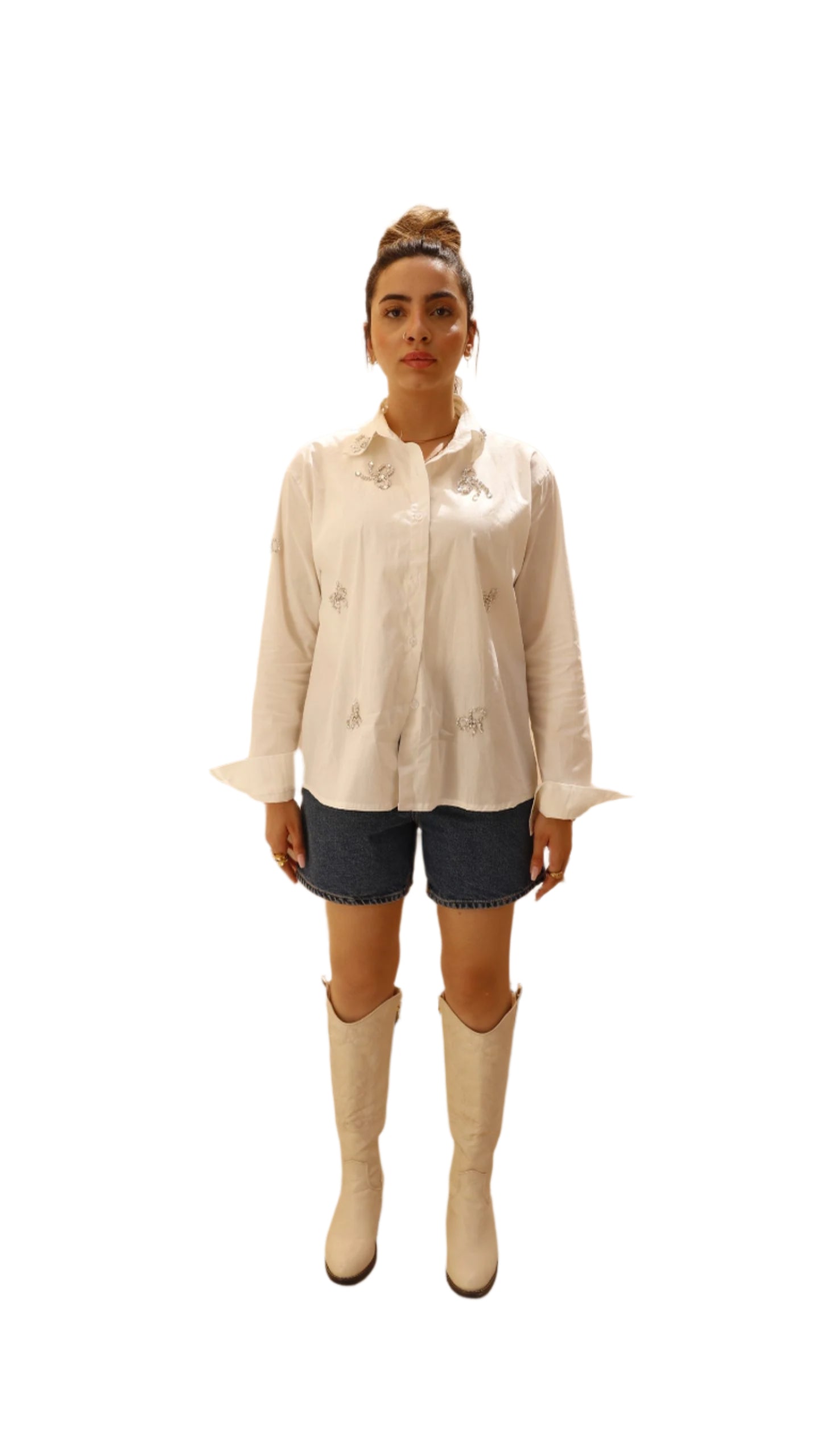 Ribbon embroider White Poplin Shirt