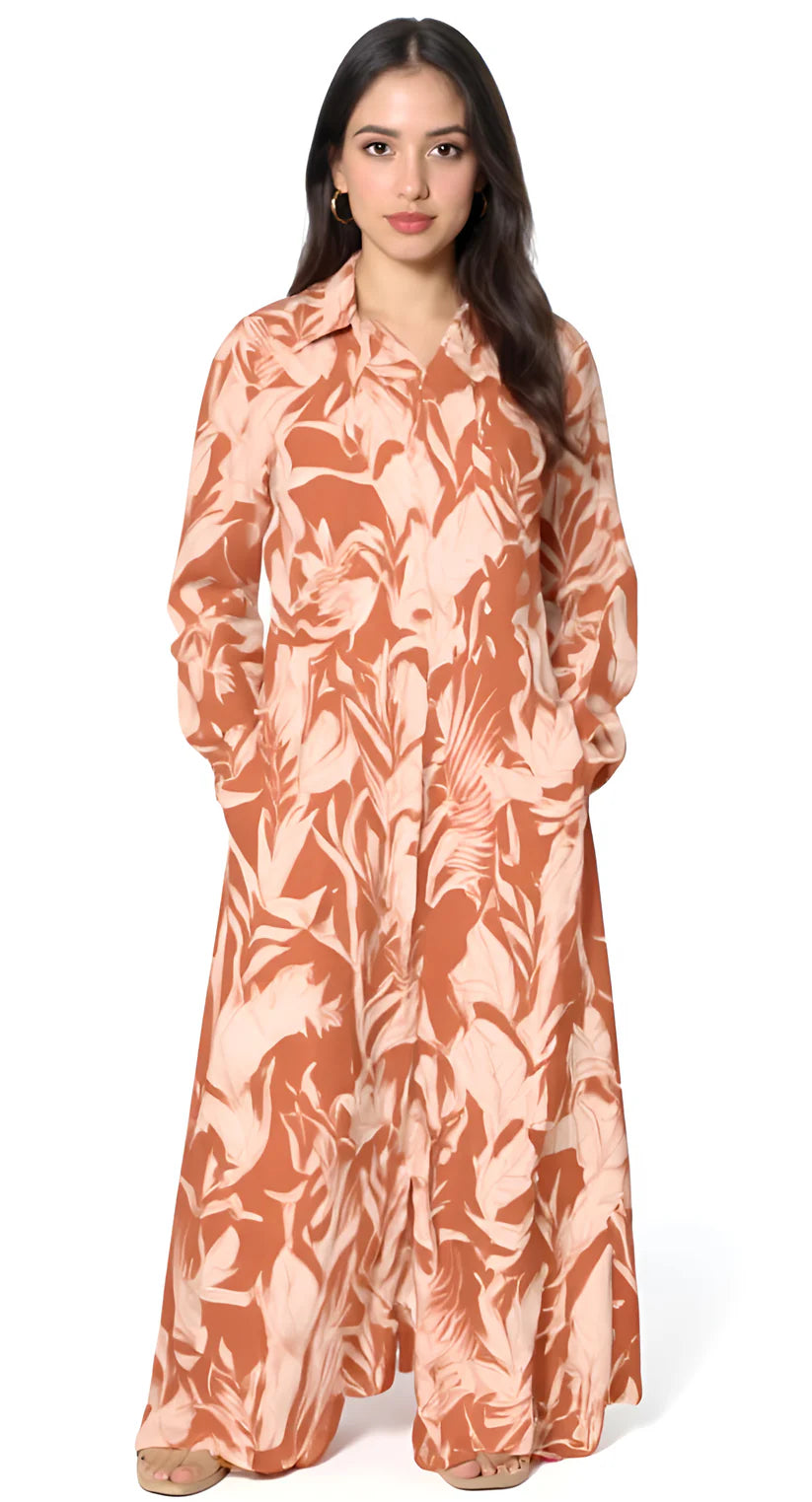 Terracotta Leaf Print Shirt Dress