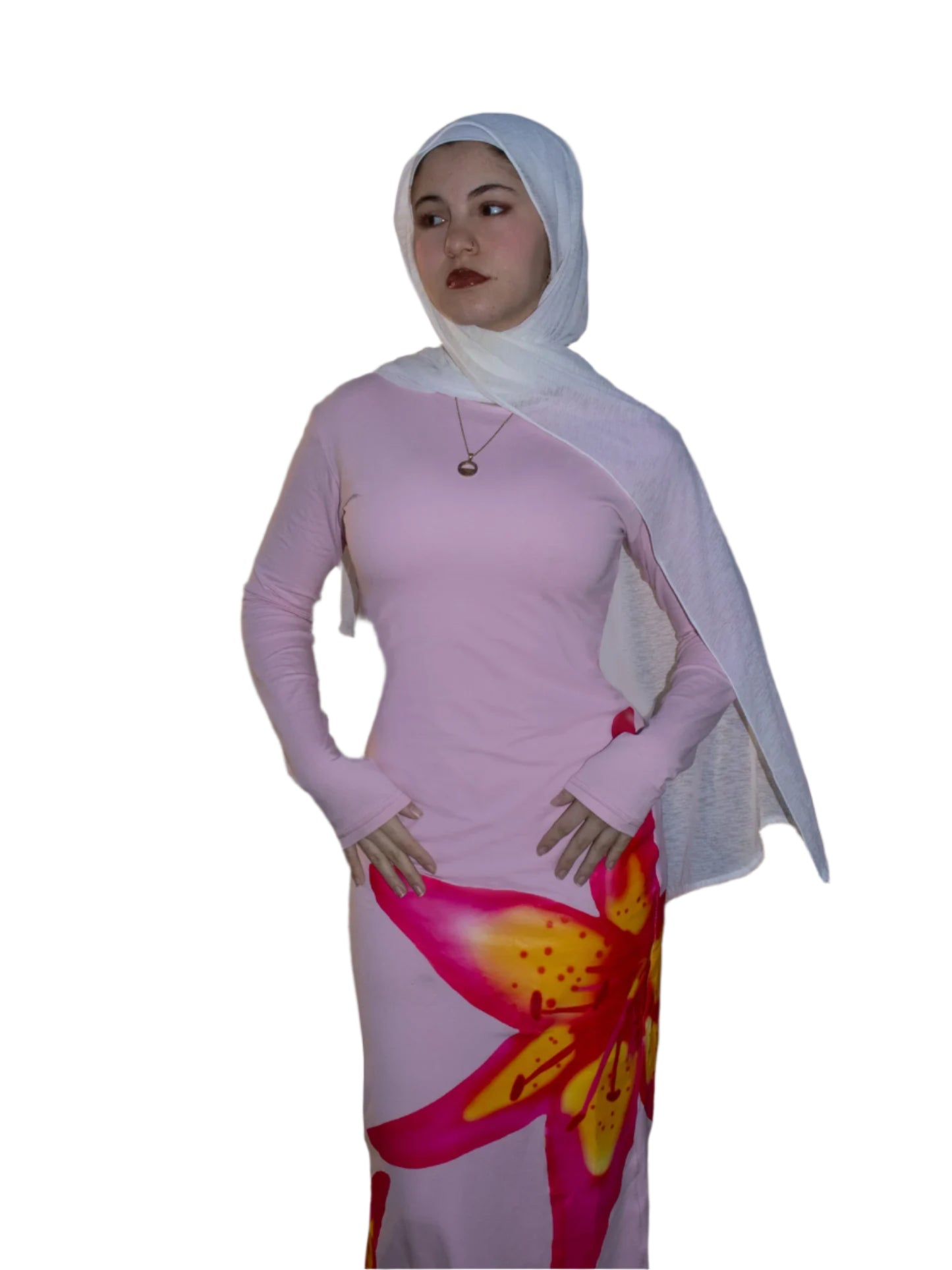 Pink long sleeve tropical dress