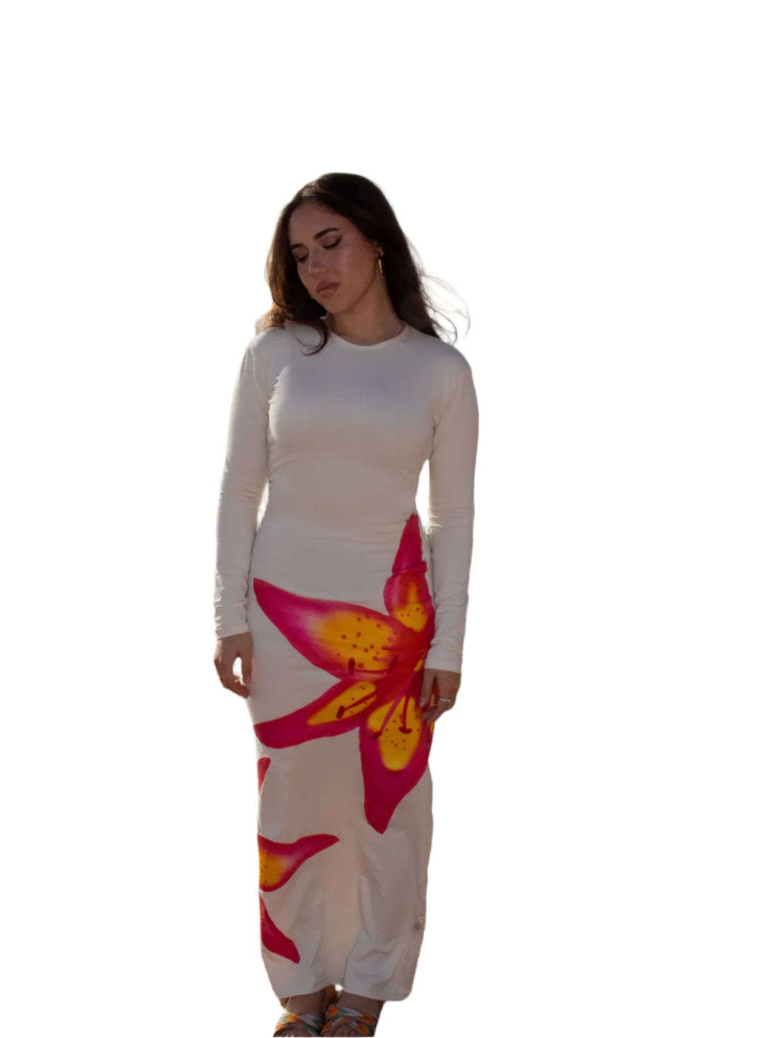 Cream long sleeve tropical dress