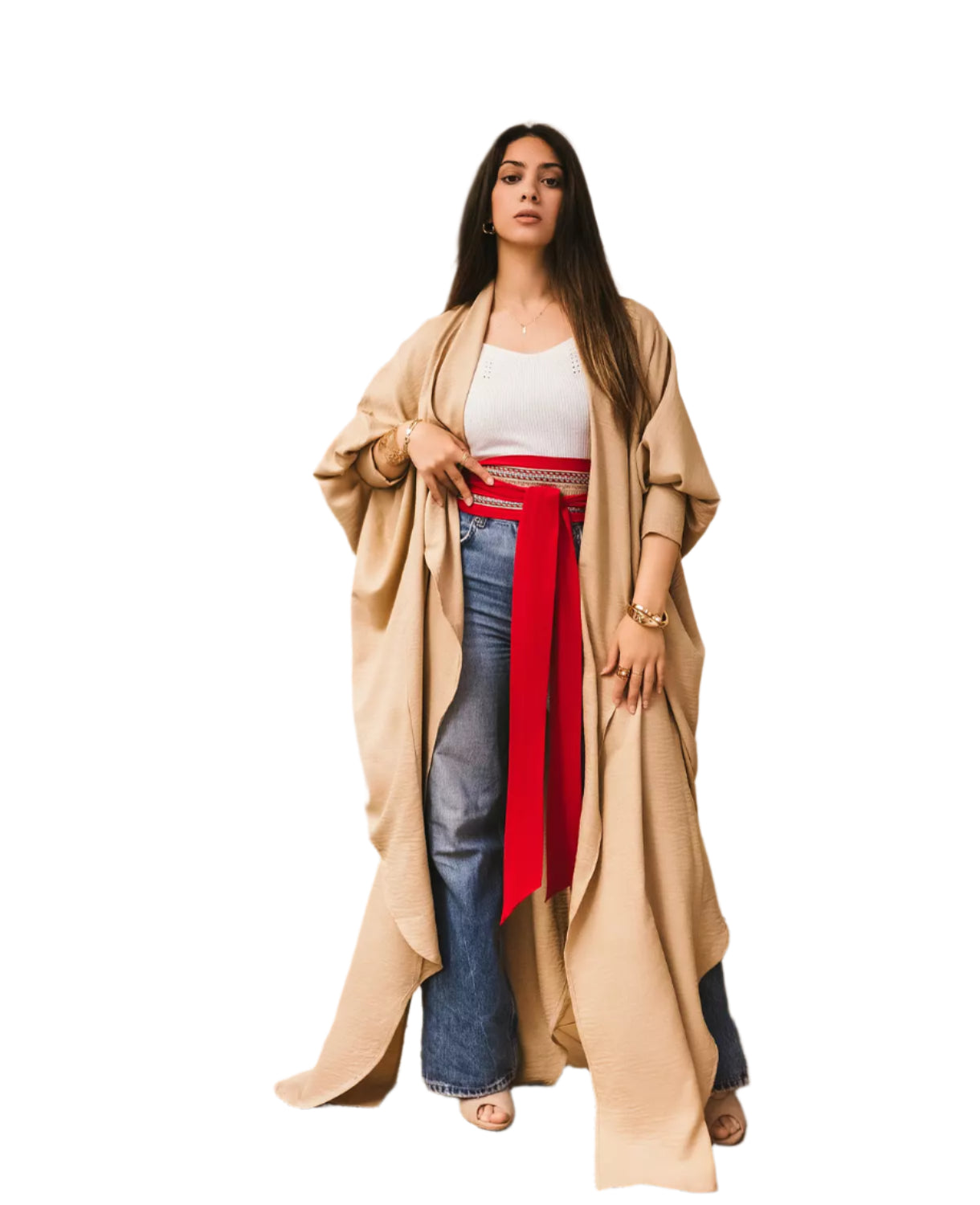 Linen cardigan with red belt