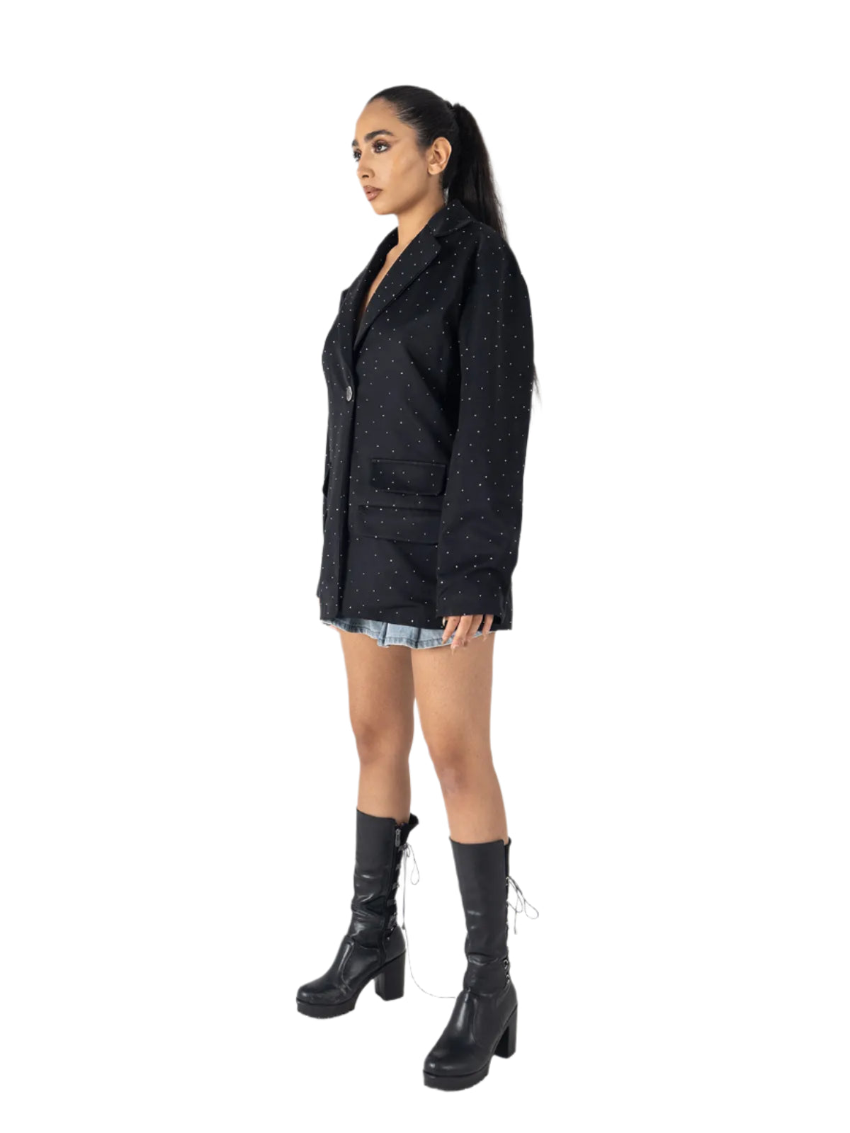 Black Studded Oversized Blazer – Women’s Longline Jacket with Metallic Detailing