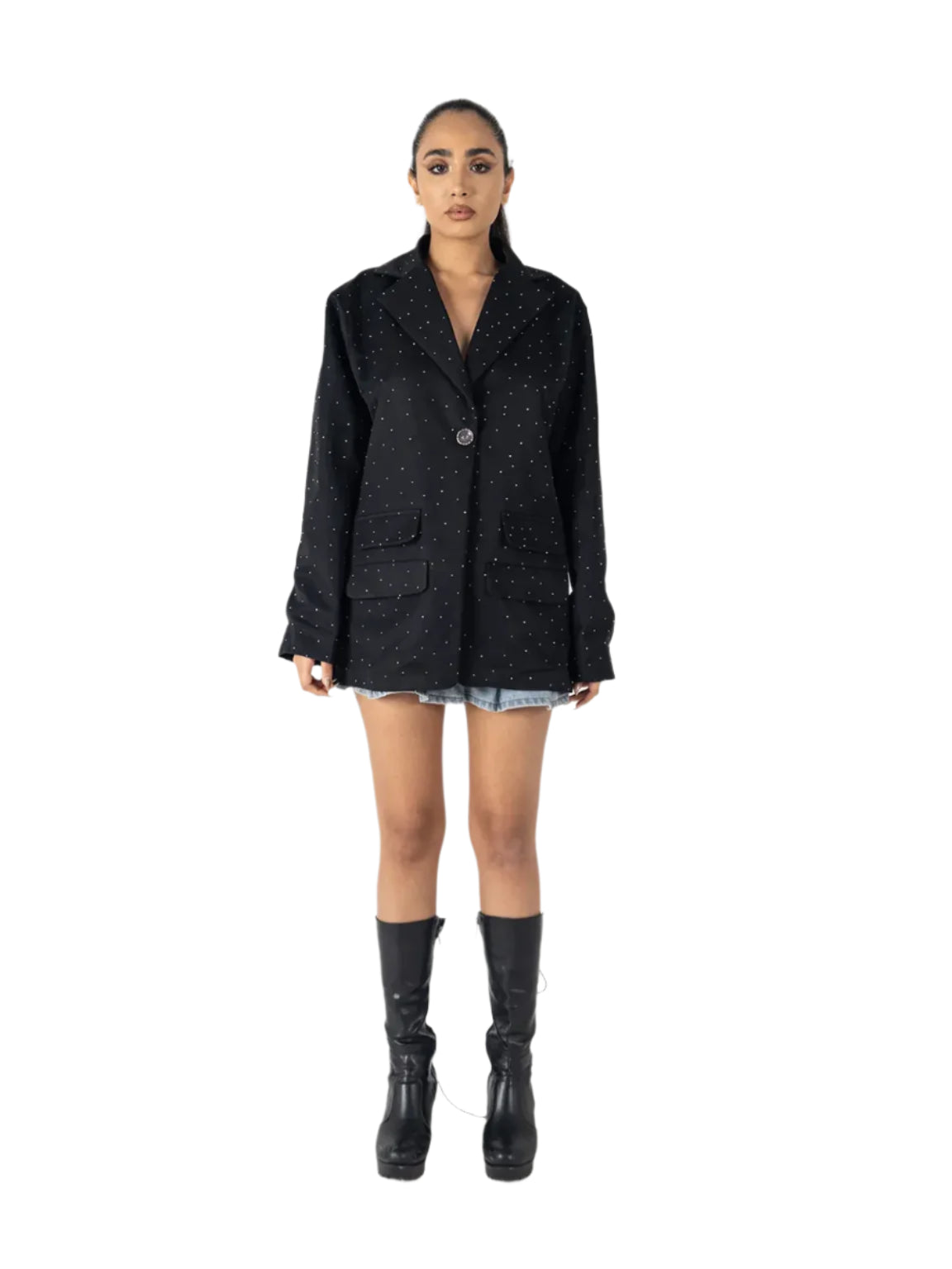 Black Studded Oversized Blazer – Women’s Longline Jacket with Metallic Detailing