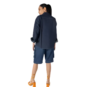 Oversized Grommet Denim Jacket – Women’s Dark Indigo Utility Layer