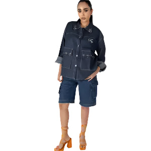 Oversized Grommet Denim Jacket – Women’s Dark Indigo Utility Layer