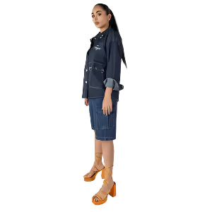 Oversized Grommet Denim Jacket – Women’s Dark Indigo Utility Layer