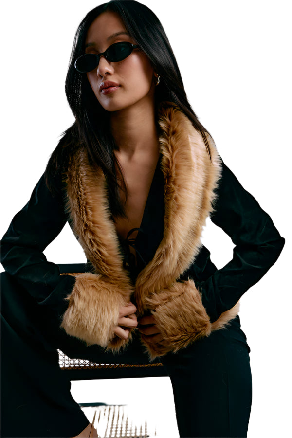 90s Edgy Glam Fur-Trimmed Black Jacket